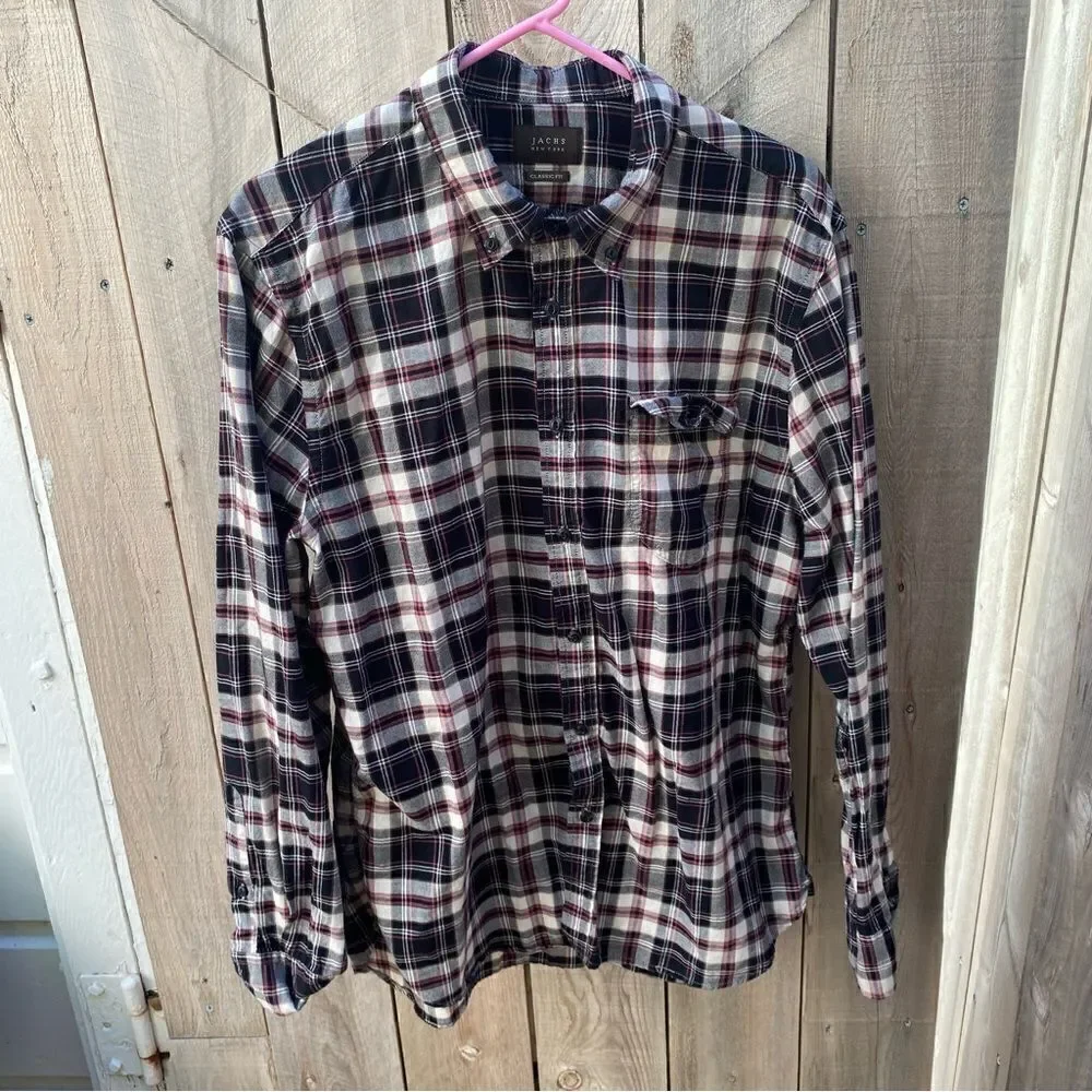 Jachs Men's Flannel Shirt Button Down Plaid Gray Burgundy White Size large